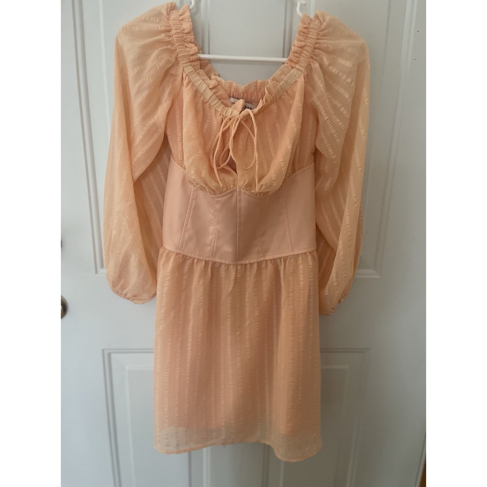 GUESS Coral Peach Corset Mini Dress XS Puff Sleeve Romantic Cottagecore - Picture 7 of 7